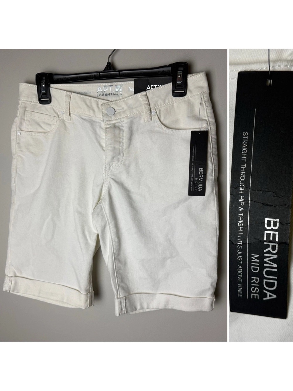 NEW APT.9 Essentials Bermuda Shorts Size 4 White Mid Rise Stretch Denim Knee